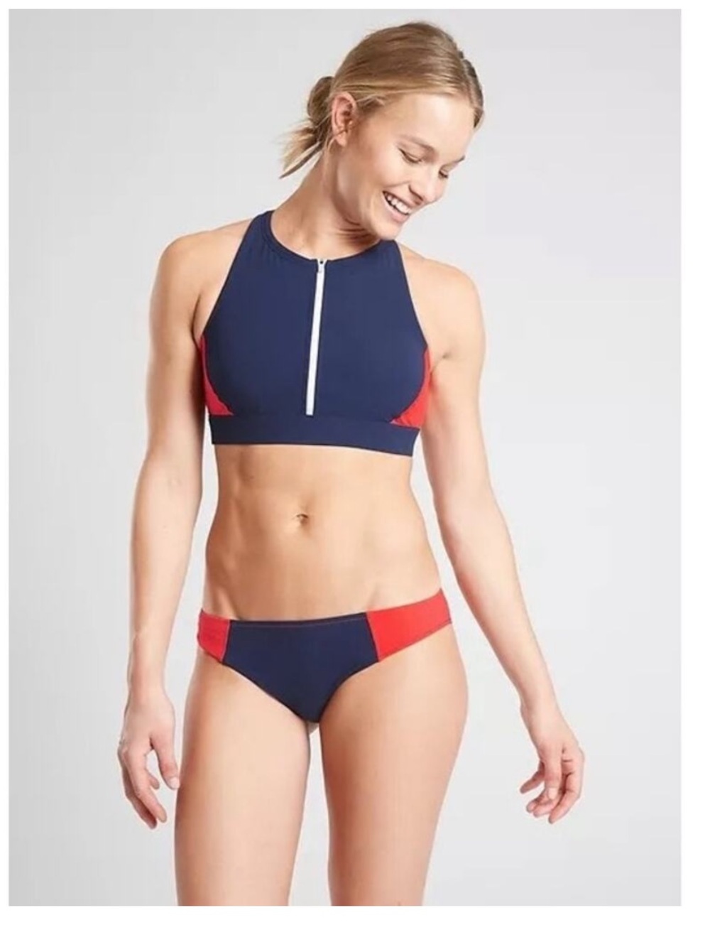 Athleta Navy/Red Zip-Front High Neck Bikini Set-SML